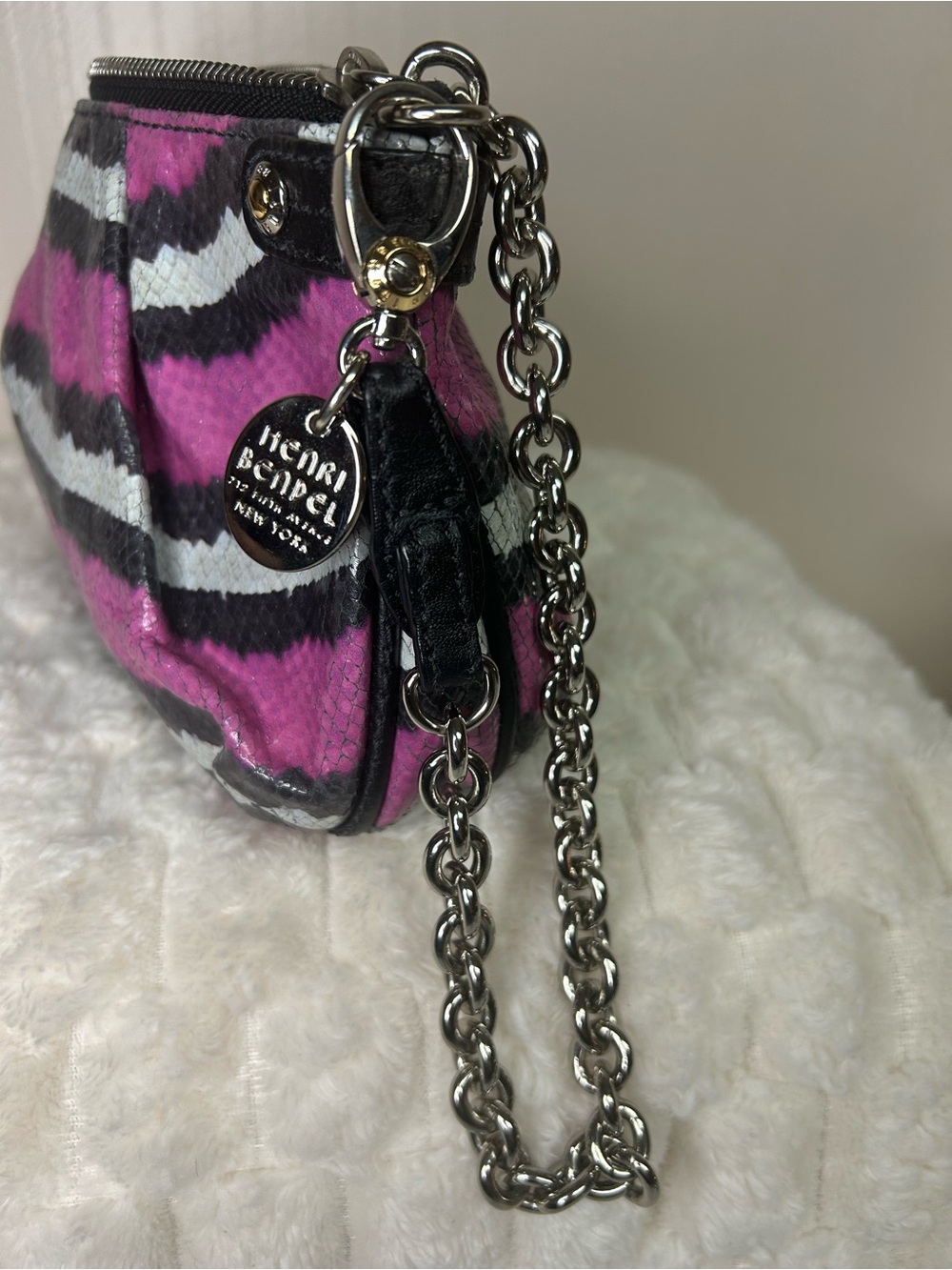 henri bendel Pink Black White Snake skin print Mini Silver Chain Shoulder Bag - Picture 8 of 10